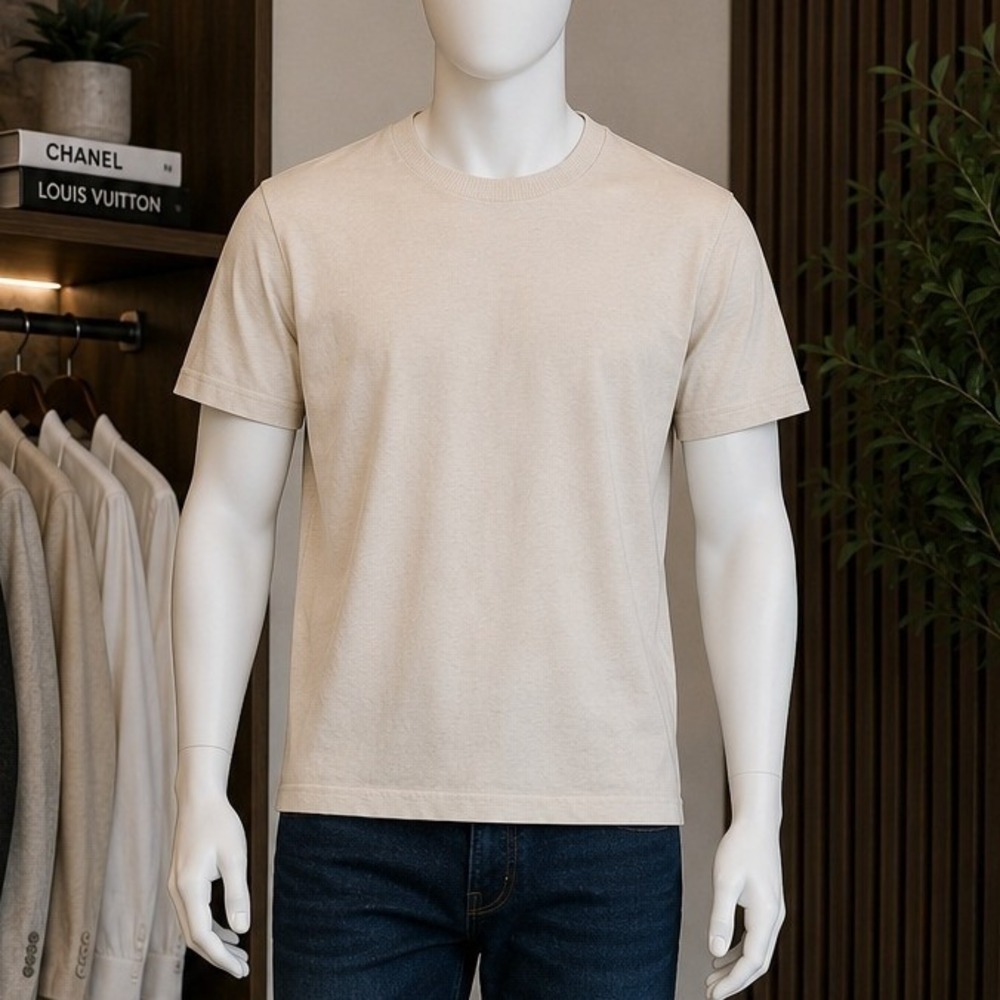 BOSS Mens T-Shirt Mercerised Cotton Crew Neck Beige Large